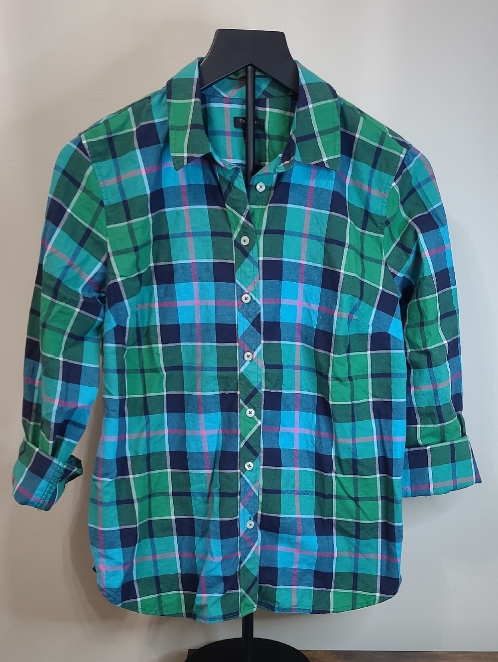 Talbots Navy Blue/Green/Teal/Pink Plaid Button-Up Shirt size Medium PETITE